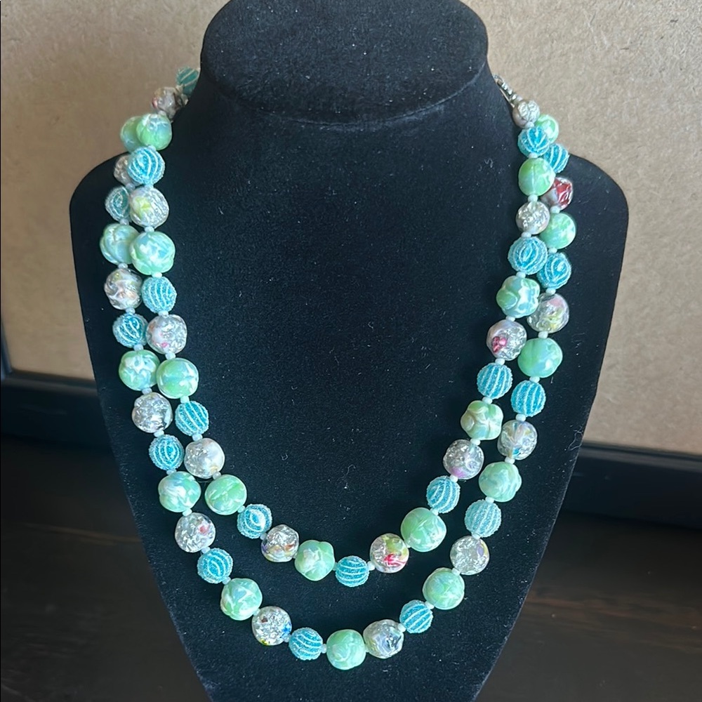 Vintage Green and Blue Beaded Necklace